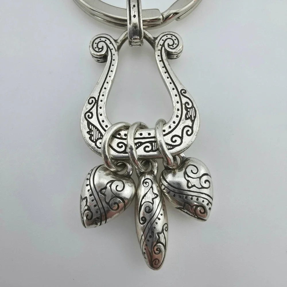 BRIGHTON 'One World' Keychain Bag Charm Harp Heart Scrollwork Silver Plate 3.5